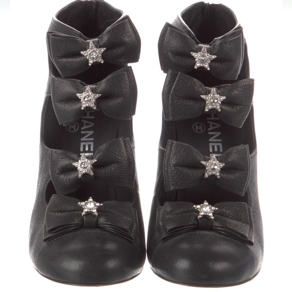 Chanel Leather Crystal Star Bow Open Booties - Picture 1 of 5